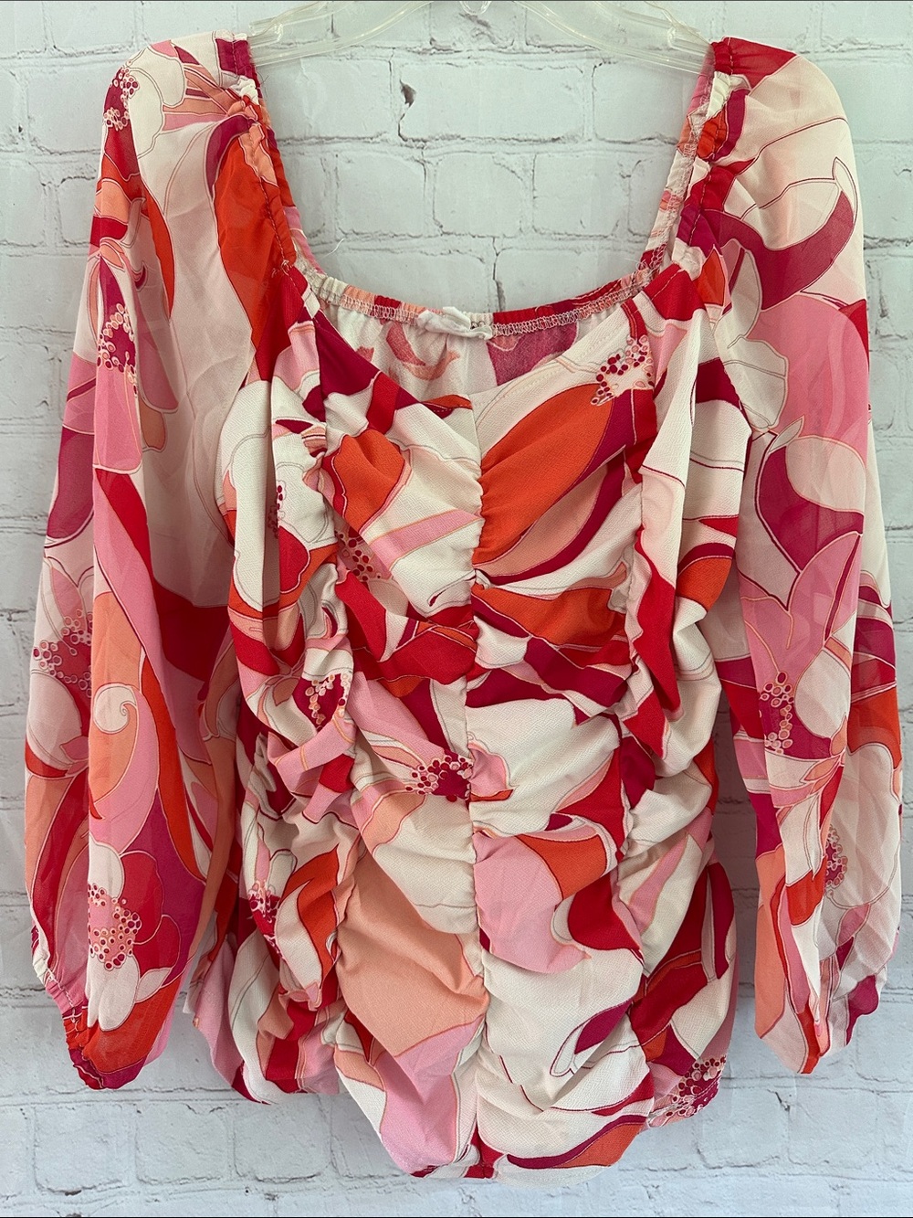 S.C. Society Red & Pink Ruched Peasant Crop Top size M